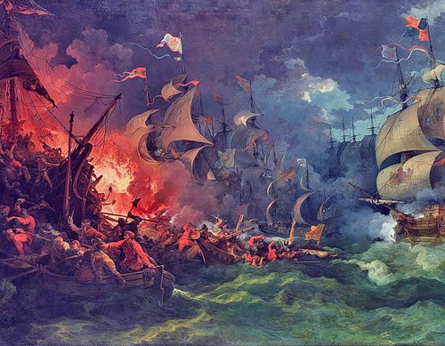 Английские маневреные корабли атакуют корабли Армады