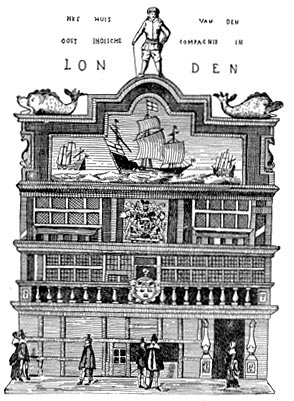 Здание Ост-Индской компании в Лондоне. Старинная голландская гравюра.